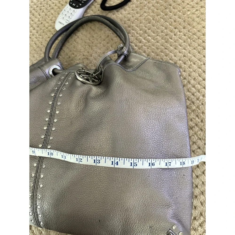 Michael Kors Metallic Pewter Pebbled Leather Studded Double Handle Tote Handbag